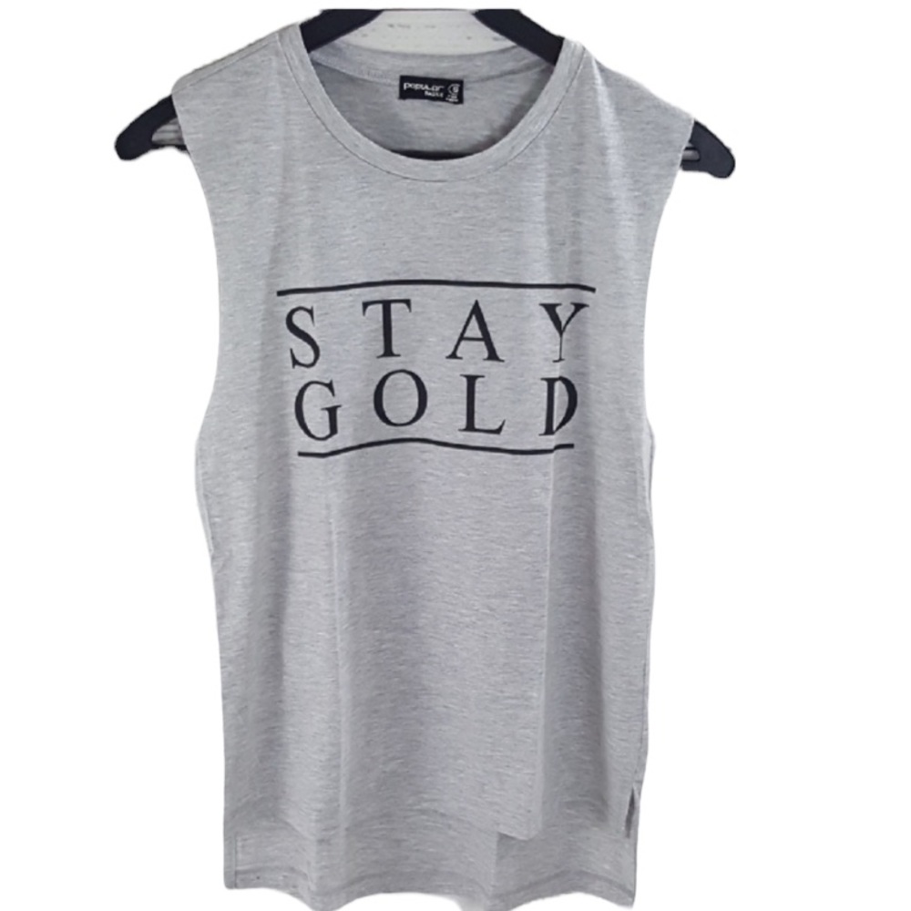 Stay Gold Graphic Print Gray Sleeveless Muscle Tank Top LG
